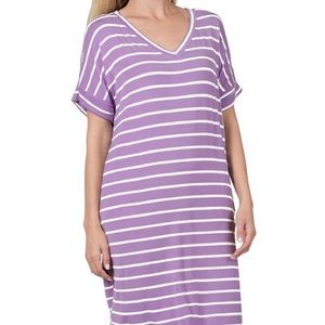 V Neck Lavender & Ivory Striped ZENANA Dress w/ Pockets BRAND NEW